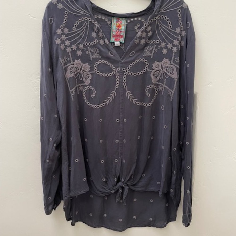Johnny Was grey Embroidered Tie Up Top Size L